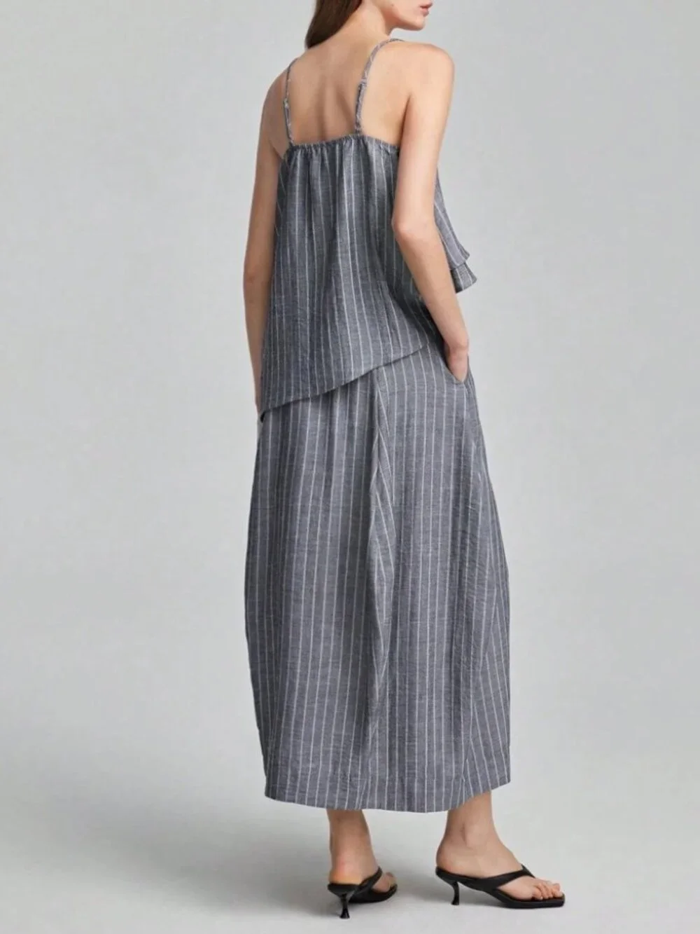 Gray Pinstripe Tiered Cami Top & Maxi Skirt Set